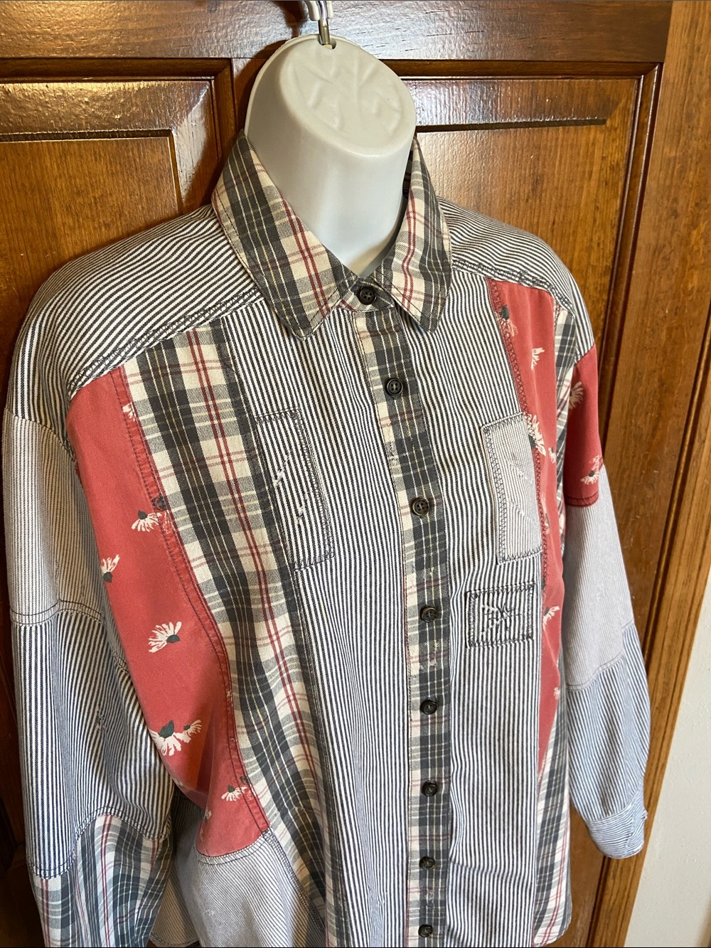 Free People “All Patched Up” Full button Down Distress OS Size Medium - Picture 2 of 11